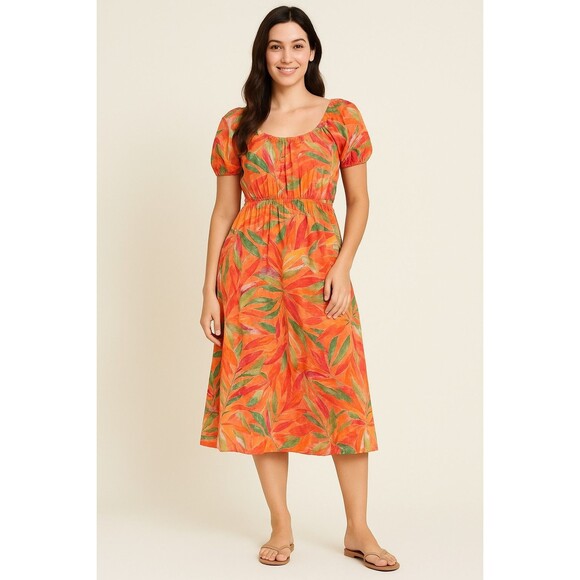 Indigo Rose Tropical Midi Dress L | Orange Multicolor Leaf Print Vacation Style - Picture 1 of 7